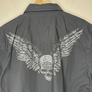 Harley Davidson Button Up Skull Wings Shirt Men's L Black Biker Patch Utility